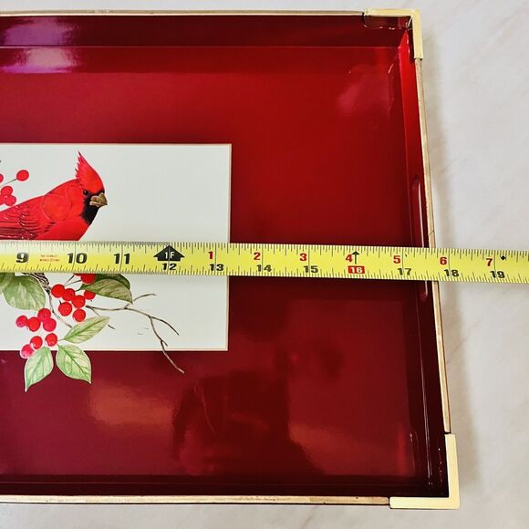 Vintage Otagiri Lacquerware Red Cardinal Berries Christmas Tray  w/Handles Japan - Picture 9 of 11